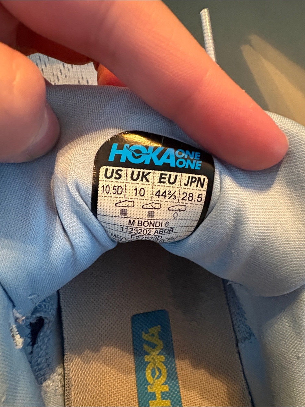 Hoka Bondi 8 Men’s Light Blue Running Shoes with Blue Midsole and Yellow Accents - Picture 5 of 5